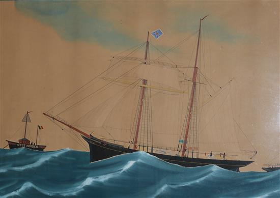 A 19th century gouache of the schooner The Thomas Aylan off Westhinder, 58 x 81cm